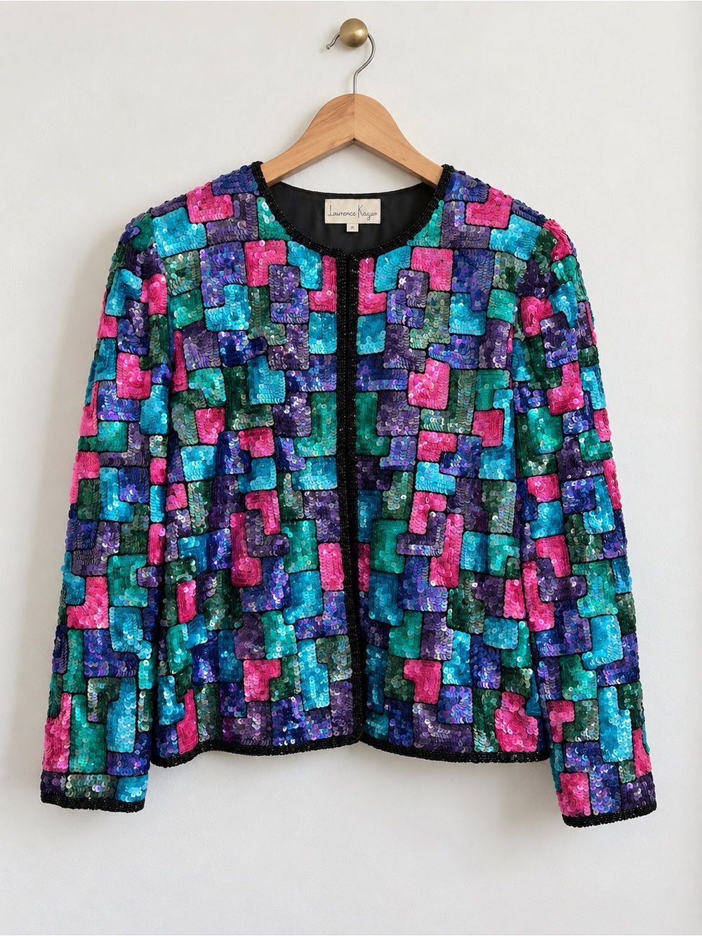 Vintage Laurence Kazar Silk Sequin Jacket Multicolor Beaded Size L Trophy Jacket